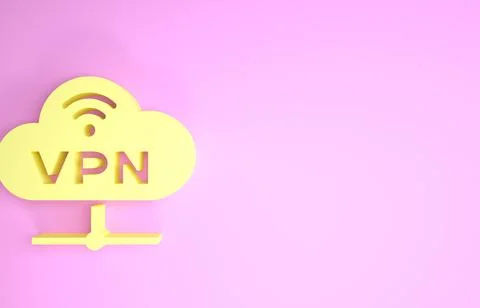 Yellow VPN Network cloud connection icon isolated on pink background. Social  스톡 일러스트