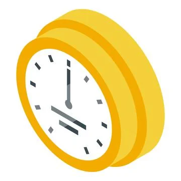 Yellow wall clock showing six o'clock, isometric view Stock Illustration