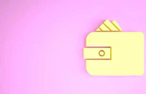 Yellow Wallet with stacks paper money cash icon isolated on pink background.  Stock Illustration
