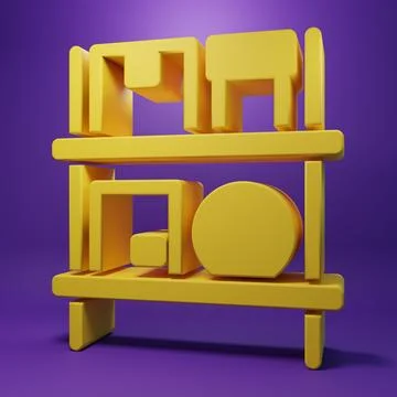 Yellow Warehouse interior with boxes on racks icon isolated on purple backg.. Stock Illustration