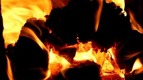 Yellow warm fire on a log in the fireplace Stock Footage 114977469