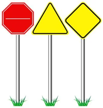 Yellow warning information and red stop road signs with grass isolated on whi Stock Illustration