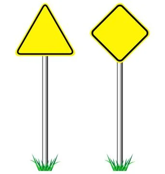 Yellow warning information road signs with grass isolated on whi Stock Illustration
