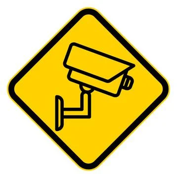 Yellow Warning Sign Featuring Security Camera in Black Outline Design Stock Illustration