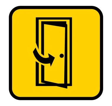 Yellow Warning Sign Indicating Open Door with Right Arrow and Door Handle Illustration