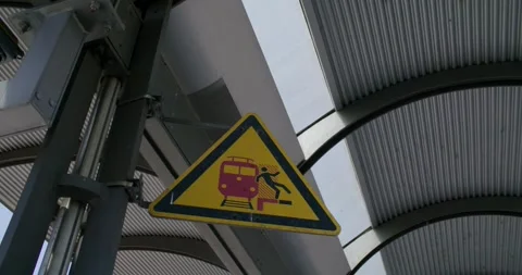 Yellow Warning Sign at Platform Edge, Train Figure Pictogram, Close Up Shot Video stock 340666858