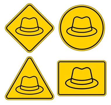 Yellow Warning Signs Featuring Hat Illustrations in Various Shapes and Styles Ilustración de archivo