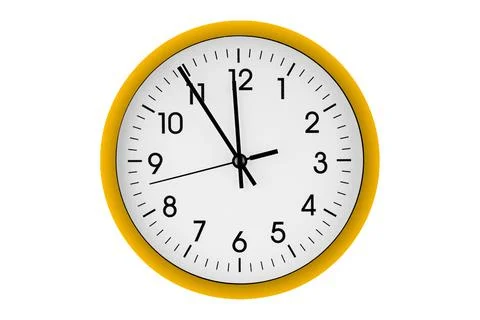 Yellow watch, wall clock 11 hours 45 minutes on isolated or white background Stock Photos