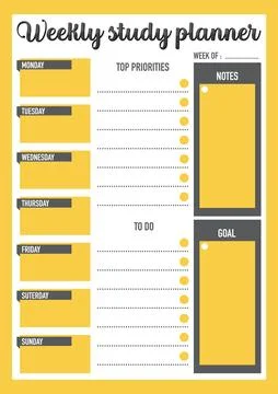 Yellow Weekly Study Plan: Hourly Schedule Stock Illustration