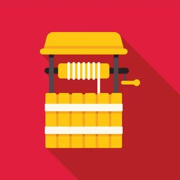 Yellow well water extraction system with crank and rope on red background Stock Illustration