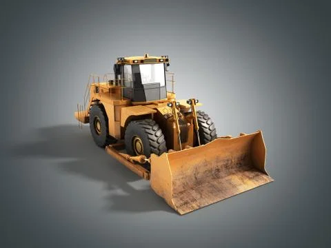 Yellow wheels Bulldozer 3d render on grey Stock Illustration