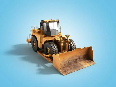 Yellow wheels Bulldozer 3d render on blue Stock Illustration
