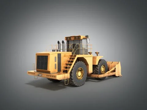 Yellow wheels Bulldozer 3d render on grey Stock Illustration