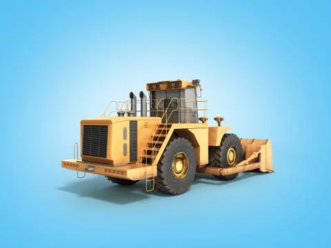 Yellow wheels Bulldozer 3d render on blue Stock Illustration