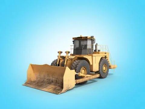 Yellow wheels Bulldozer 3d render on blue Stock Illustration