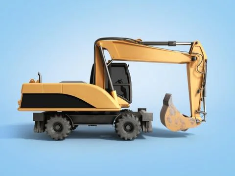 Yellow wheels Bulldozer 3d render on blue Stock Illustration