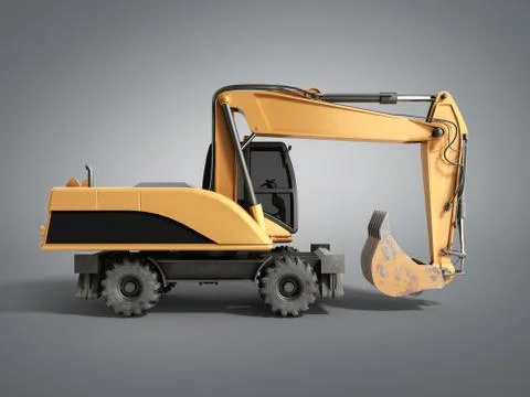 Yellow wheels Bulldozer 3d render on grey Stock Illustration