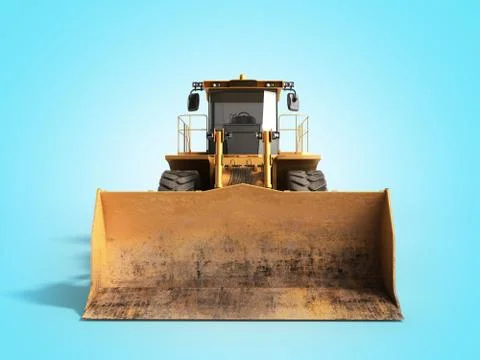 Yellow wheels Bulldozer 3d render on blue Stock Illustration