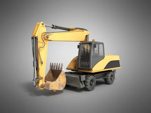 Yellow wheels Bulldozer 3d render on grey Stock Illustration