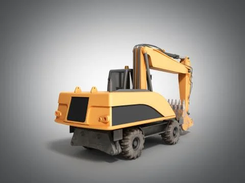 Yellow wheels Bulldozer 3d render on grey Stock Illustration