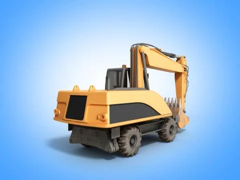 Yellow wheels Bulldozer 3d render on blue Stock Illustration