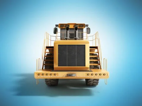 Yellow wheels Bulldozer 3d render on blue Stock Illustration