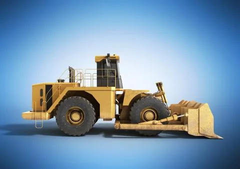 Yellow wheels Bulldozer 3d render on blue Stock Illustration