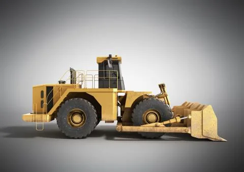 Yellow wheels Bulldozer 3d render on grey Stock Illustration