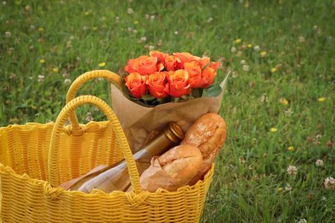 Yellow wicker bag with beautiful roses, bottle of wine and baguettes on green Stock Photos