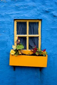 Yellow window flower box Stock Photos