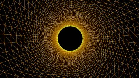 Yellow wireframe tunnel, Abstract wireframe funnel. Abstract dynamic wormho.. Stock Illustration