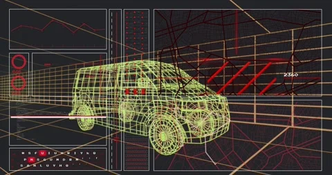 Yellow wireframe van receiving HUD overlay, central scanner blinking, map Video stock 329930068