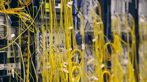 Yellow wires computer server rack Stock Footage 47835185