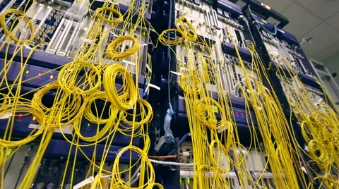 Yellow wires computer server rack view from below Stock-Footage 47835198