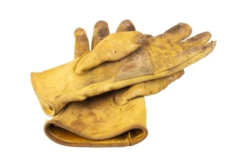 Yellow work gloves Dirty Old isolated on white background Stock Photos