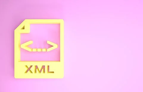 Yellow XML file document. Download xml button icon isolated on pink backgroun Stock Illustration