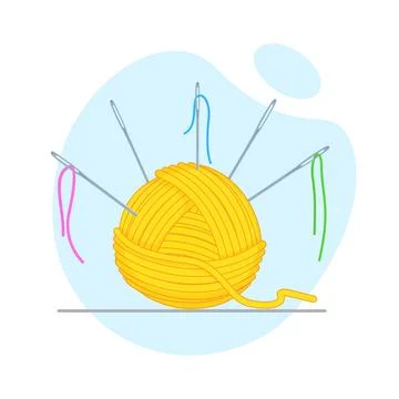 Yellow yarn ball with multiple sewing needles stuck into it, each threaded with Stock Illustration