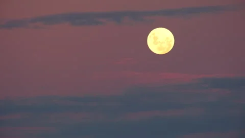 Yellowish full moon in twilight sky with some wispy thin clouds Stock Footage 335191933