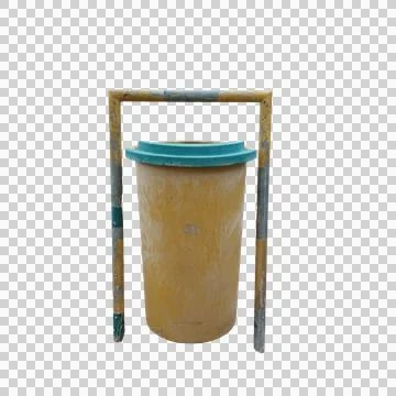 Yellowish plastic garbage can with bright blue rim metal stand isolated Stock Photos