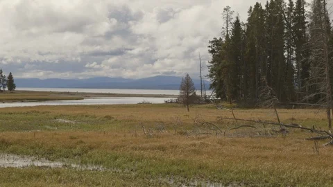 Yellowstone Lake, Distant Mountains, Alpine Trees, Clouds 스톡 동영상 122224009