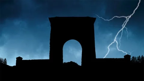 Yellowstone: Lightning and Thunderstorm over Silhouette of Roosevelt Arch, USA Stock Footage 283895880