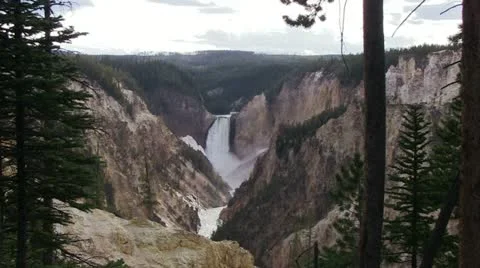 Yellowstone Lower Falls, framed by trees Stock Footage 11205167