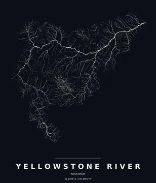 Yellowstone River Basin Watershed Map Line Art Dark Poster Stock Illustration