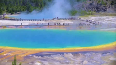 Yellowstone Sunset Lake with gradient colored shoreline Stock Footage 162864515