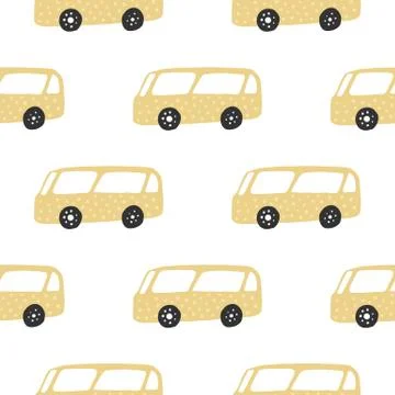 Yelow bus seamless pattern. Doodle cars vector illustration. Stock Illustration