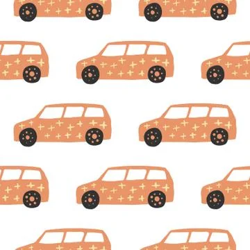 Yelow car seamless pattern. Doodle cars vector illustration. Stock Illustration