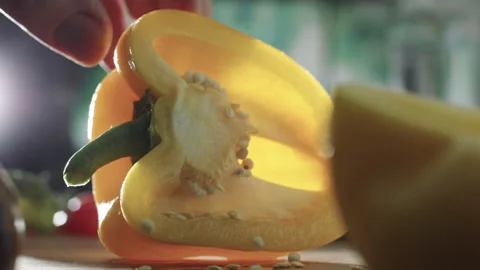 Yelow pepper slicing Stock Footage 219484225