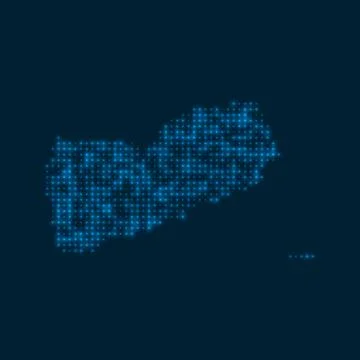 Yemen dotted glowing map. Shape of the country with blue bright bulbs. Vect.. Illustrazione stock