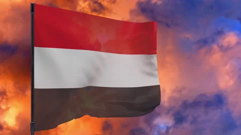 Yemen flag on pole with sky background seamless loop 3d animation Stock Footage 149475234