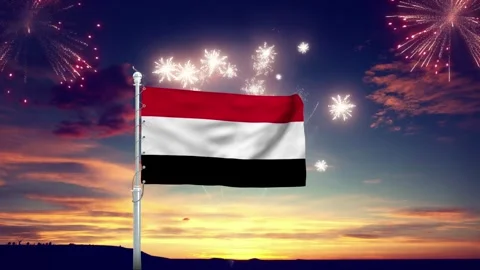 Yemen flag waves proudly with fireworks celebrating national holiday motion Stock Footage 342503545